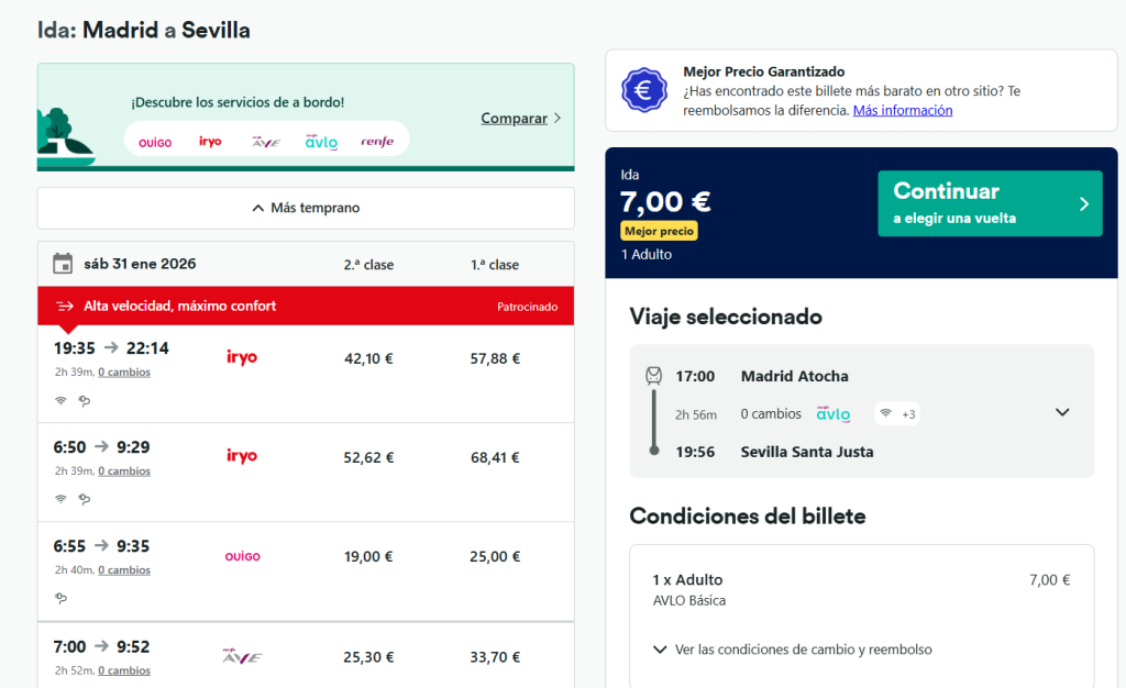 Viajes baratos en tren Madrid Sevilla a 7€