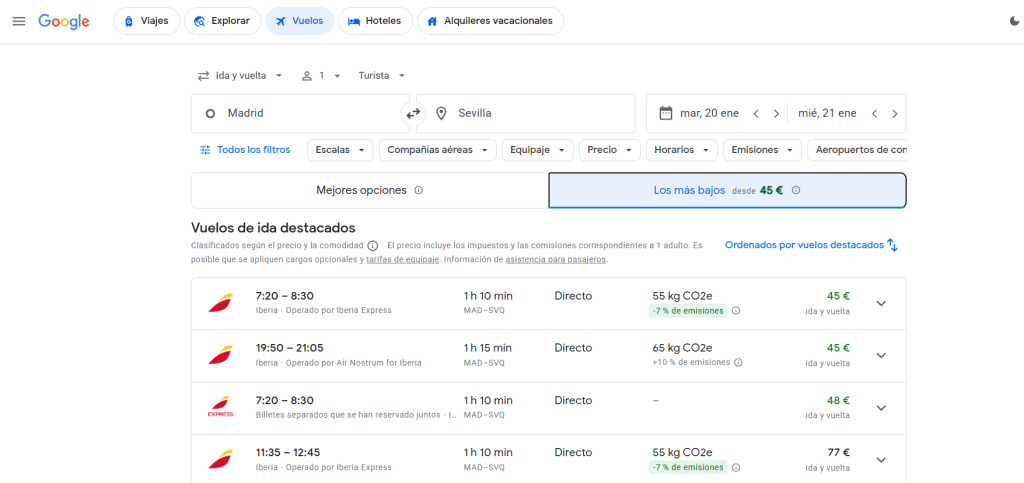 Conseguir vuelos lowcost a Sevilla con Google Flights