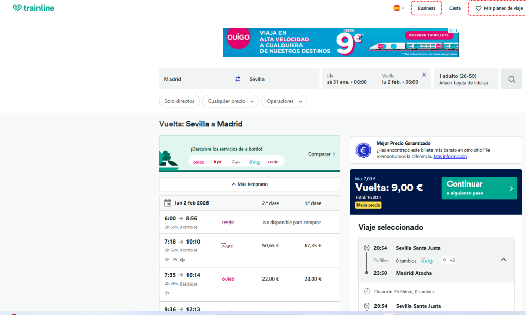 Viajes baratos en tren Sevilla a Madrid a 9€