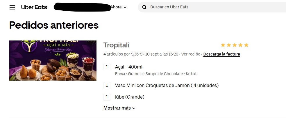 Pedido Tropitali Sevilla: açaí de 400 ml + comida por 9,36 €